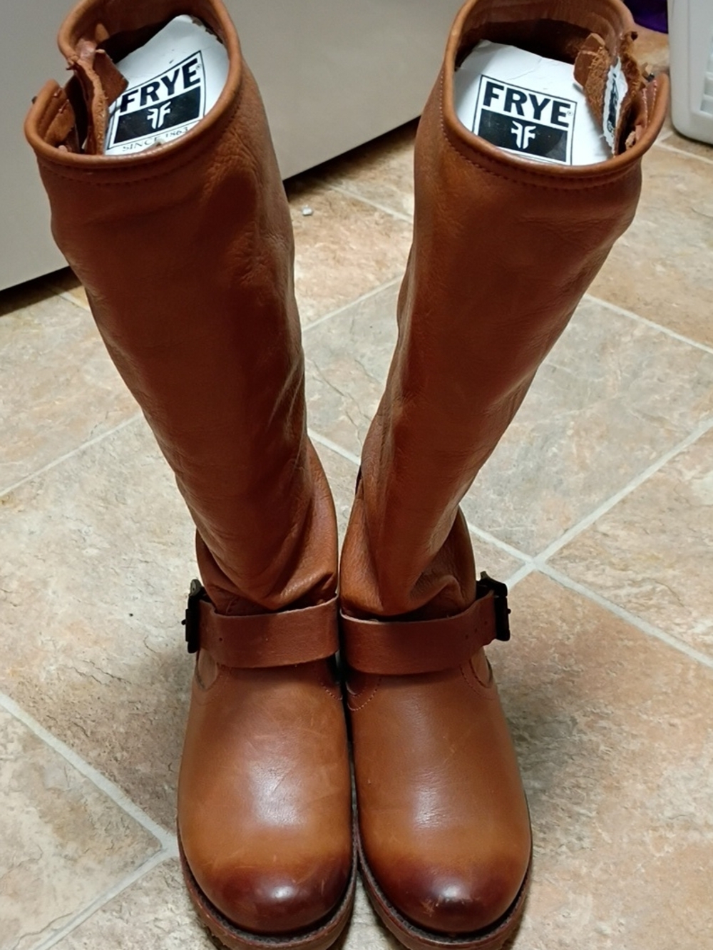 Frye Veronica Brown Tan Over-the-Knee Leather Boots with Harness Strap